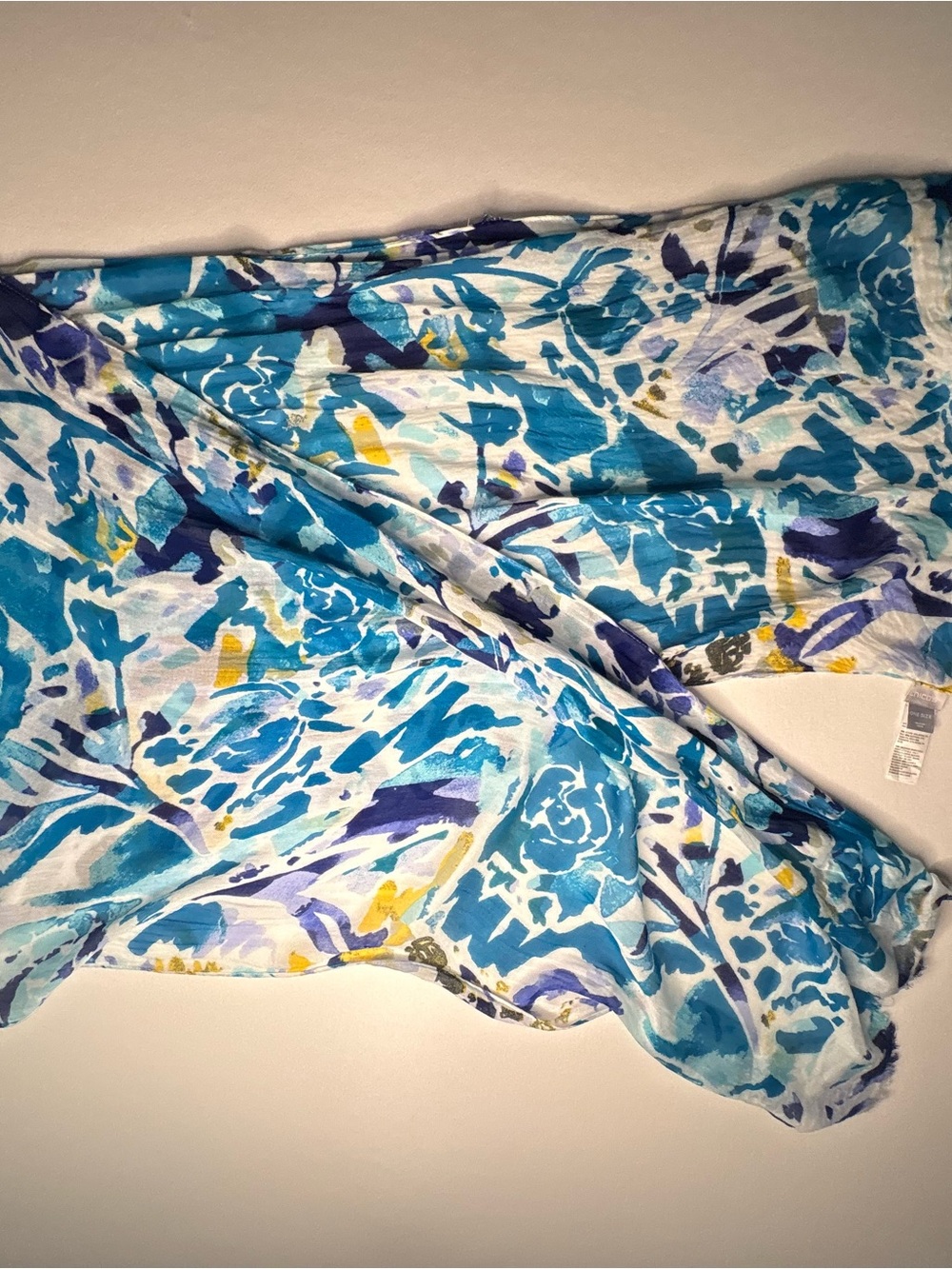 Chico’s Brand sheer scarf with blues, yellow and purple. 6 feet long